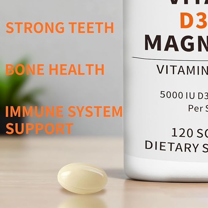 Vitamin D3 K2 5000 IU 120 Softgels with Magnesium Supplement - &amp 120mcg MK-7 K2 for Bone Health &amp Immune Support - Non-GMO &amp Gluten-Free Softgels with MCT Oil