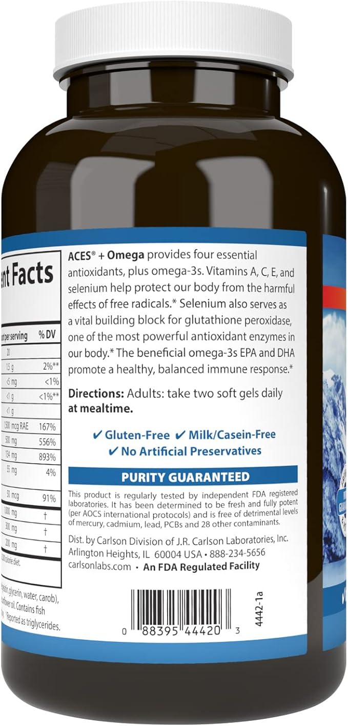 Carlson - ACES + Omega Vitamins A C E &amp Selenium + Omega-3s EPA and DHA Health Support 180 Softgels