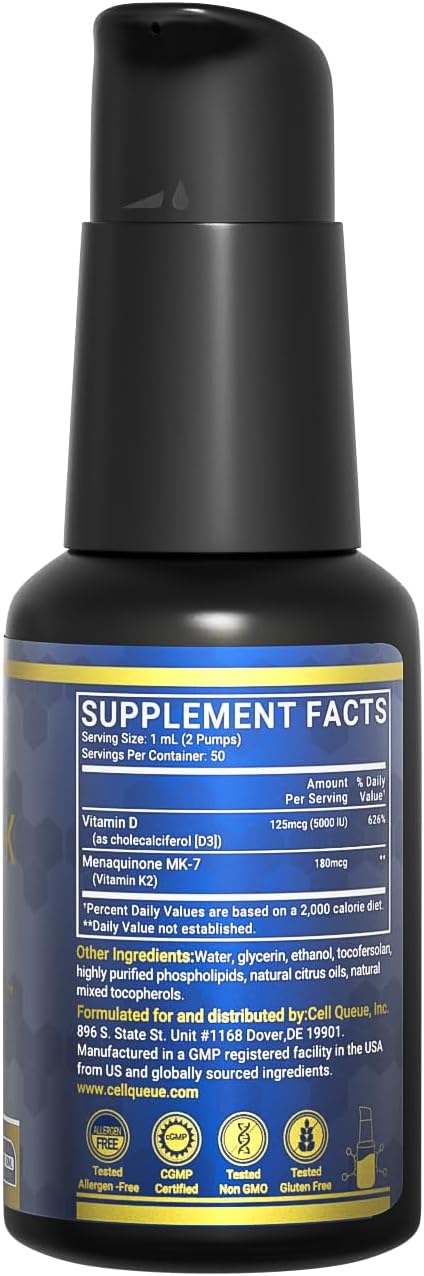 Super D+K Liposomal Vitamin D3 K2 Liquid Drops 5000 IU D3 &amp 180 mcg MK-7 K2 Supplement Advanced Nanoemulsion Formula for Maximum Absorption Immune Support Bone Health &amp Heart Health