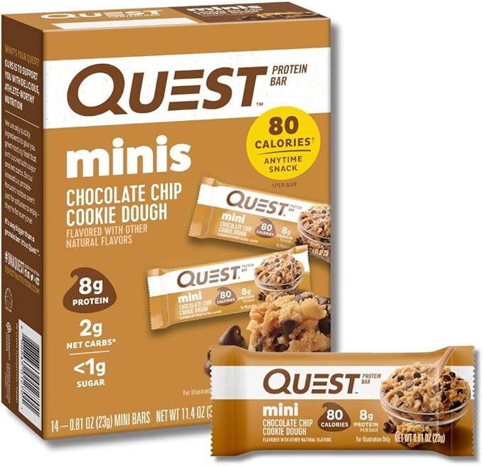 Quest Protein Shake Salted Caramel 4 Count Bundle with Mini Chocolate Chip Cookie Dough Protein Bars 14 Count