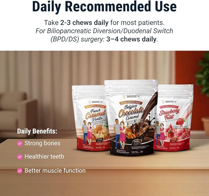 BariatricPal Sugar-Free Calcium Citrate Soft Chews | 500mg with Vitamin D &amp Probiotics | Tropical Punch | 90 Count (1 Month Supply)