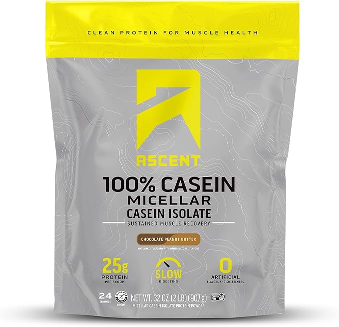 Ascent Casein Protein Powder - 25g Micellar Casein Powder with Zero Artificial Flavors &amp Sweeteners Gluten Free No Added Sugar 4.9g BCAA 2.2g Leucine - Chocolate Peanut Butter 2 Pounds