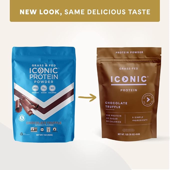 ICONIC Protein Powder Chocolate Truffle - Sugar Free Low Carb Protein Powder - Lactose Free Gluten Free Non-GMO - 20g Grass Fed Whey &amp Casein Protein - Keto Friendly 1 lb. Pouch (17 Servings)
