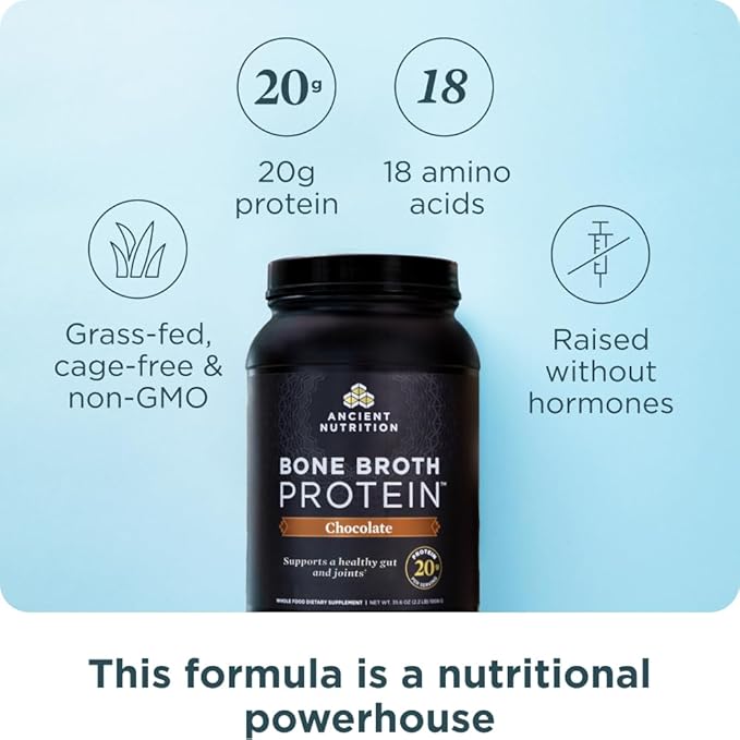 Ancient Nutrition Grass Fed Cage Free Bone Broth Protein Powder 20g Protein Hydrolyzed Collagen Peptides Keto &amp Paleo Friendly Supports Joint Gut Health Chocolate 40 Servings