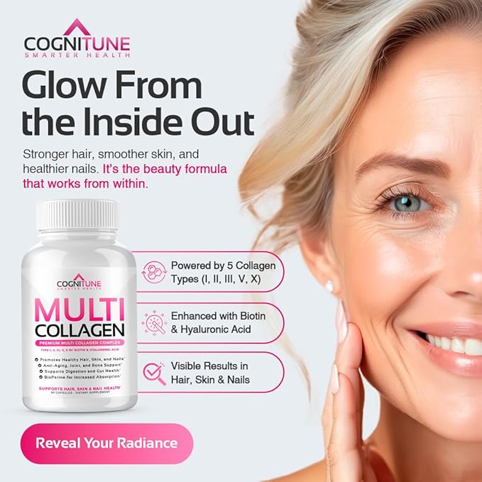 CogniTune Multi Collagen Peptides for Women with Biotin Hyaluronic Acid Vitamin C - 5 Types I II III V X Colageno Hidrolizado - 2000mg Hair Skin Nails Joints Support - 120 Capsules