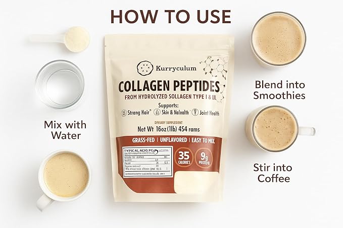 Collagen Peptides Protein Powder - Grass Fed Hydrolyzed Type 1 &amp 3 Collagen Powder for Skin Hair Nails - Unflavoured Freely Dissolves in Coffee -16 oz (45 Servings)