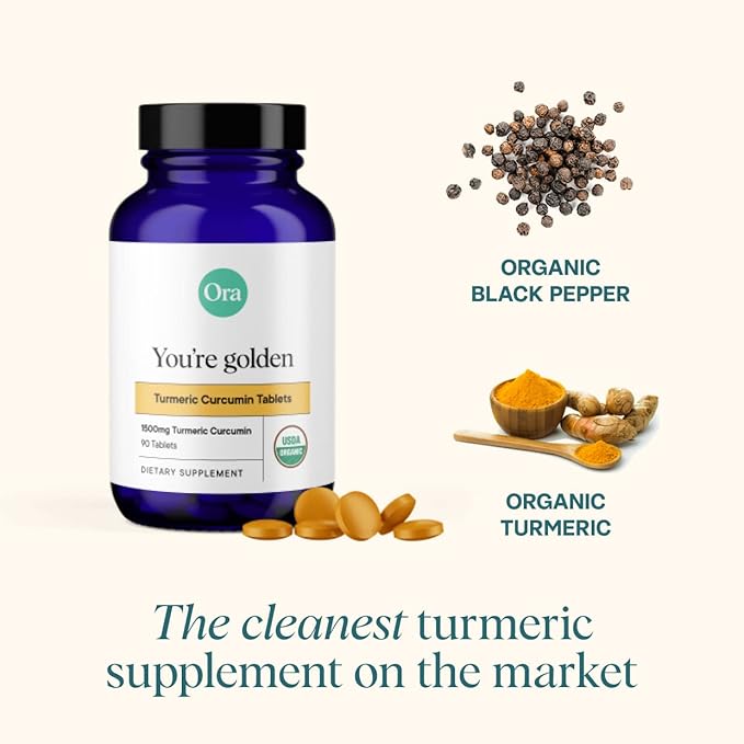 Ora Organic Turmeric Curcumin with Piperine - Pure Extracts for Joint Stress and Cardiovascular Health Support Healthy Cognitive Function No Filler Ingredients - 90 Vegan Tablets 1 Month Supply
