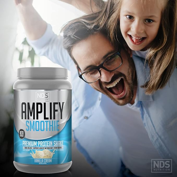 AMPLIFY NDS Nutrition Smoothie Premium Whey Protein Powder Shake with Added Greens and Amino Acids - Build Lean Muscle Gain Strength Lasting Energy and Lose Fat - Vanilla (30 Servings)