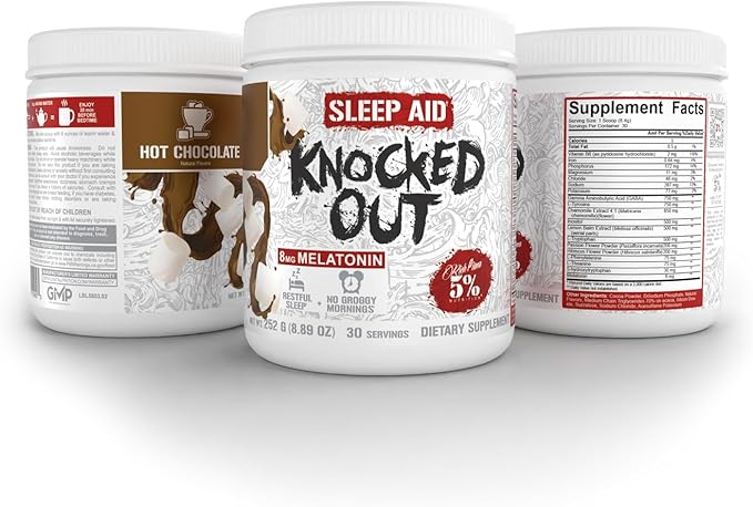 5% Nutrition Rich Piana Knocked Out Natural Sleep Aid | Post-Workout Recovery &amp Deep Sleep Supplement | GABA Melatonin Chamomile Tyrosine 5-HTP &amp More | 8.4 oz 30 Servings (Hot Chocolate