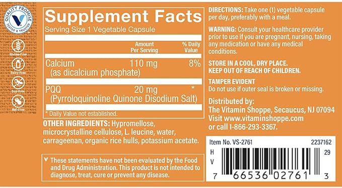 PQQ (Pyrroloquinoline Quinone Disodium Salt) - Mitochondria &amp Cognitive Support - 20 MG (60 Vegetarian Capsules)