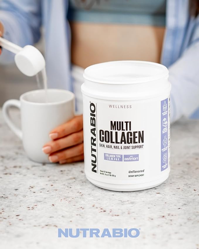 NutraBio Multi Collagen Powder - Hydrolyzed Collagen Peptides for Glowing Hair &amp Skin - Grass-Fed - Collagen Powder for Women and Men - 40 Servings- Unflavored