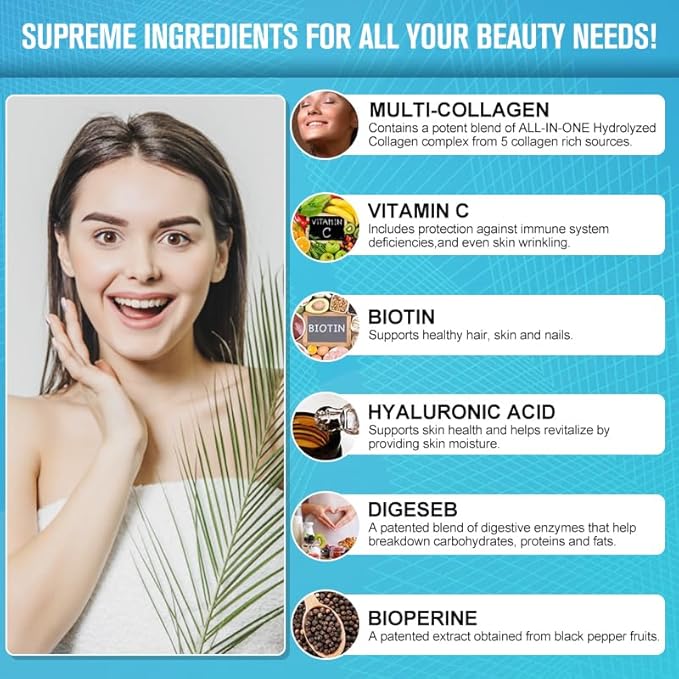 Multi-Collagen Complex + Biotin + Vitamin C – Types I II III V &amp X – Natural Supplement for Hair Skin Nails &amp Joint Support 2 Month Supply 120 Softgels