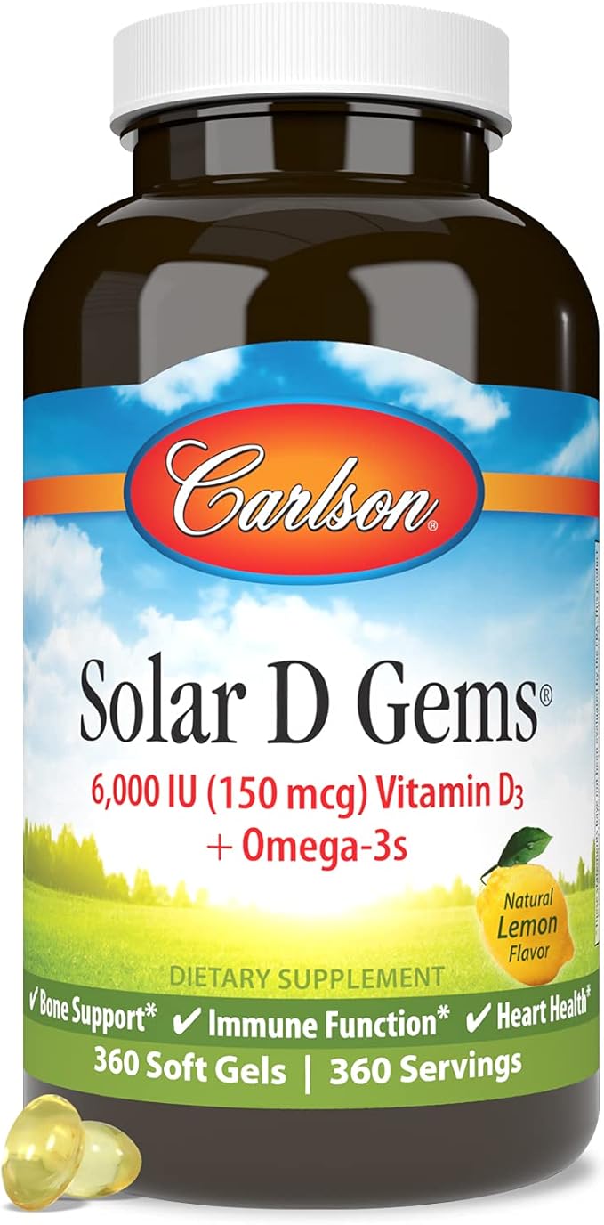 Carlson - Solar D Gems Vitamin D3 and Omega-3 Supplement 6000 IU (150 mcg) Vitamin D3 115 mg Omega-3s EPA and DHA Supplement Wild Caught Sustainably Sourced Lemon 360 Softgels