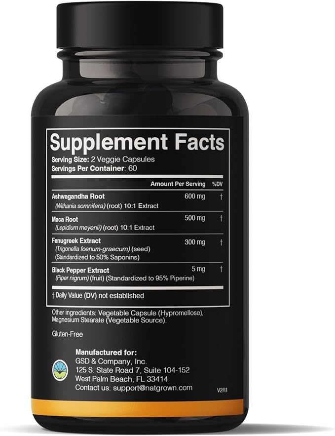 Natgrown Ashwagandha Maca Root Fenugreek Extract Capsules Supplement for Men &amp Women - Vegan Pills - (120 Count)