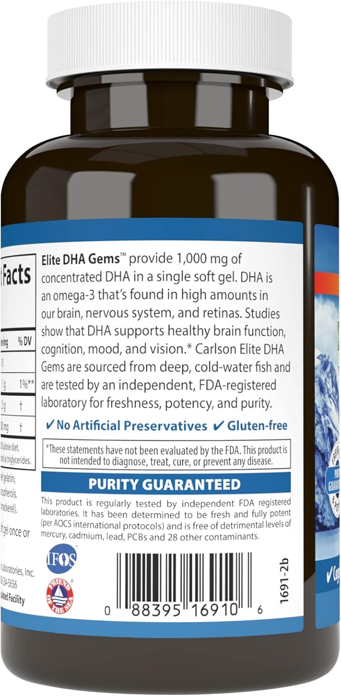 Carlson - Elite DHA Gems 1000 mg DHA Wild Caught Sustainably Sourced Brain Function &amp Healthy Vision 60 Softgels
