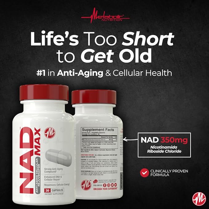 Metabolic Nutrition NAD MAX 350mg Anti-Aging Cellular Rejuvenator Supports Cellular Energy and Mitochondrial Function 30 Day Supply