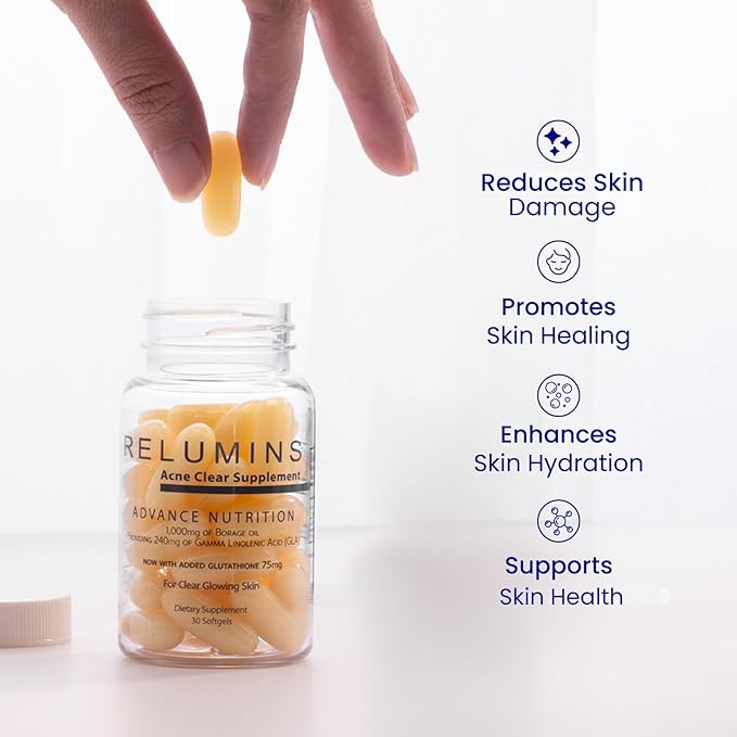 Relumins Natural Acne Softgel Spring Glow Essential – 300mg Borage Oil with GLA – Plant-Based Supplement to Support Clear Balanced Skin Smooth Texture Hydration and Daily Wellness