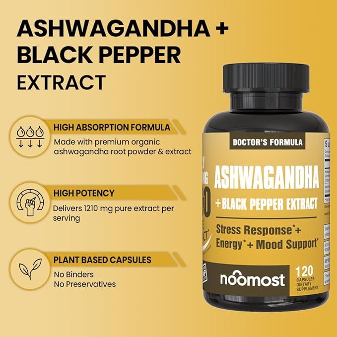 NooMost Ashwagandha 1200mg Supplement | 10% Withanolides with Black Pepper Extract | Pure Root Extract for Stress Relief Promotes Energy Mood Helathy Sleep for Men &amp Women | 120 Capsules