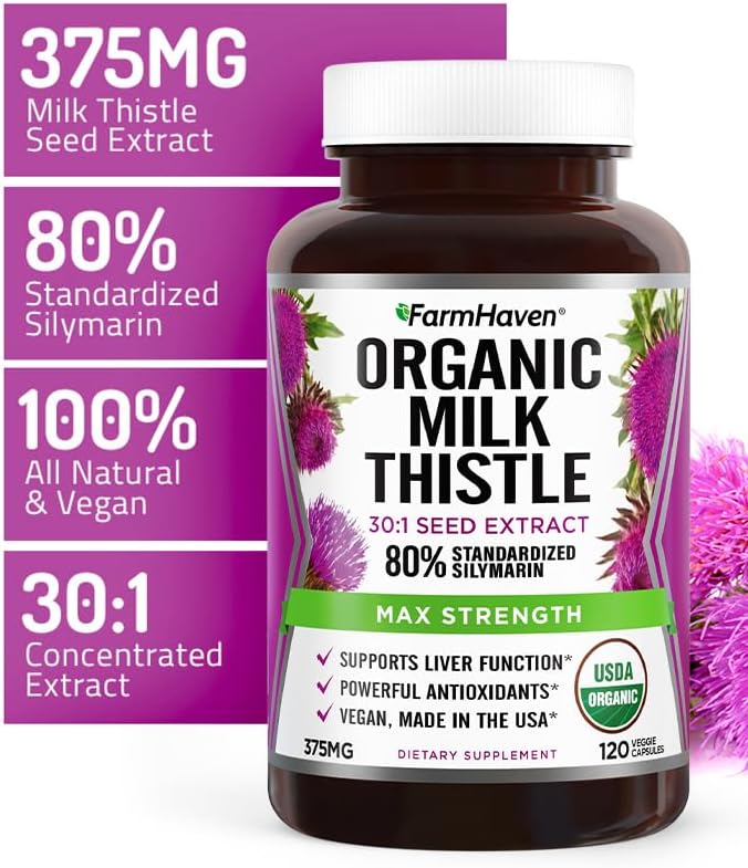 FarmHaven USDA Organic Milk Thistle Capsules | 30X Concentrated Seed Extract &amp 80% Silymarin Standardized - Supports Liver Function and Overall Health | Non-GMO | 240 Vegan Capsules
