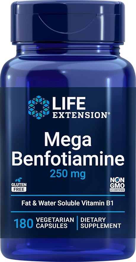 Life Extension Mega Benfotiamine 250 mg 180 Veg caps with Thiamine - Vitamin B1 Supplement