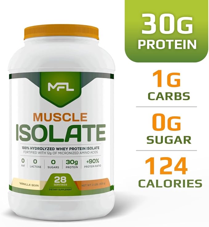 MFL 100% Pure Isolate Protein 2 lbs l 30g of Protein l 12g Amino Acids l Keto Friendly l Low Carbs | 28 Servings (Vanilla Bean)