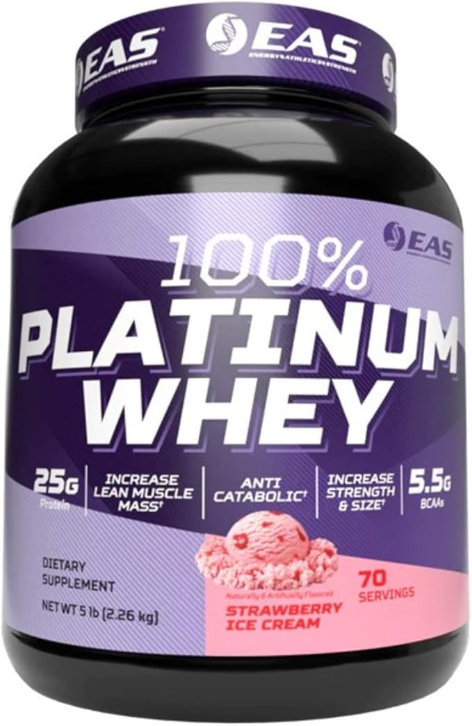 EAS Experimental and Applied Sciences 100% Platinum | 3 Ultra-Platinum Whey Proteins | Increase Size &amp Strength | 25g Protein 5.5g BCAAs | 5 Pound (Strawberry Ice Cream)