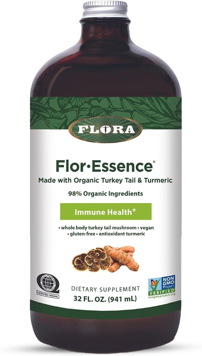 Flora Health Flor-Essence with Turkey Tail &amp Turmeric Rich in Polysaccharides 35+ Phenolic Compounds with Antioxidants and Immunity Support 32-fl. oz. Glass Bottle
