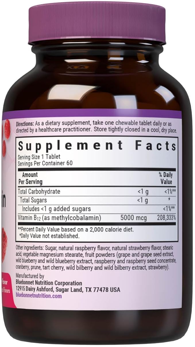 Bluebonnet Nutrition EarthSweet Methylcobalamin 5000 mcg Active Coenzyme Form of Vitamin B12 Supports Energy Boost &amp Metabolism - Vegan Gluten-Free - Raspberry Flavor - 60 Chewable Tablets