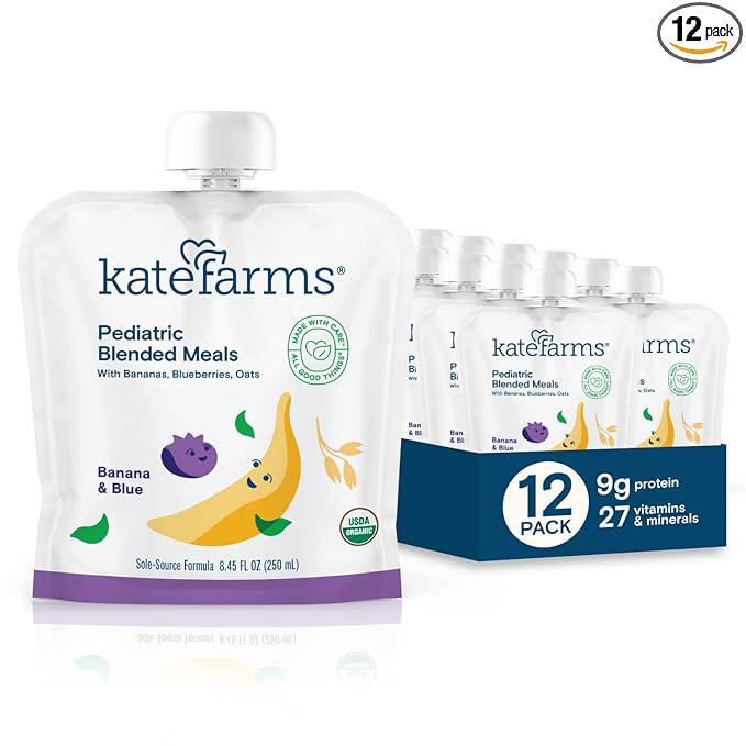 KATE FARMS Organic Pediatric Blended Meal Bananas and Blueberries 8g protein organic whole foods oral or tube feed nutrition Gluten Free Non-GMO 8.45 oz (12 Pack)