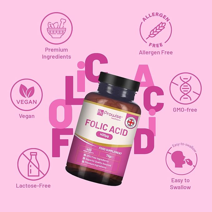 Folic Acid Tablets 400 mcg - 400 Vegan Vitamin B9 Tablets | 13 Month Supply | Vitamin B9 Pregnancy Care | Normal Function of Immune System &amp Maternal Tissue Growth During Pregnancy | UK Made – Pro