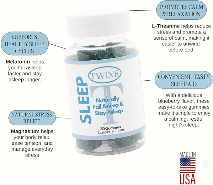 TWINE Sleep Gummies with Melatonin L-Theanine Magnesium Citrate Passionflower Chamomile and Lemon Balm 30pcs-Blueberry Flavor