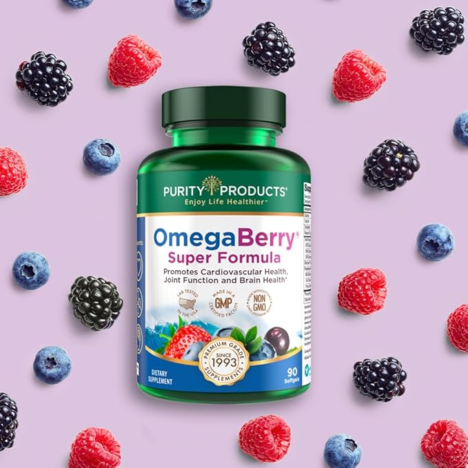 Purity Products OmegaBerry Fish Oil w/Vitamin D3 + Organic Acai Super Formula - 1875 mg of Concentrated Molecularly Distilled Ultra Pure Omega-3s 1080 mg EPA + 720mg DHA + 120 mg DPA - 90 Count