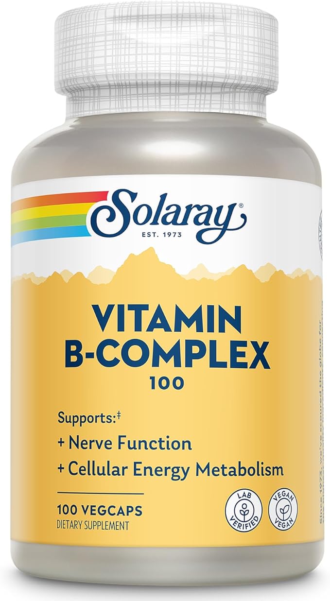 SOLARAY Vitamin B Complex 100mg - Cellular Energy Nerve and Heart Health Support - Supplies All 8 B Complex Vitamins - Vitamin B12 B1 B2 B3 B6 Niacin Folic Acid and Biotin - Vegan 100 Servings