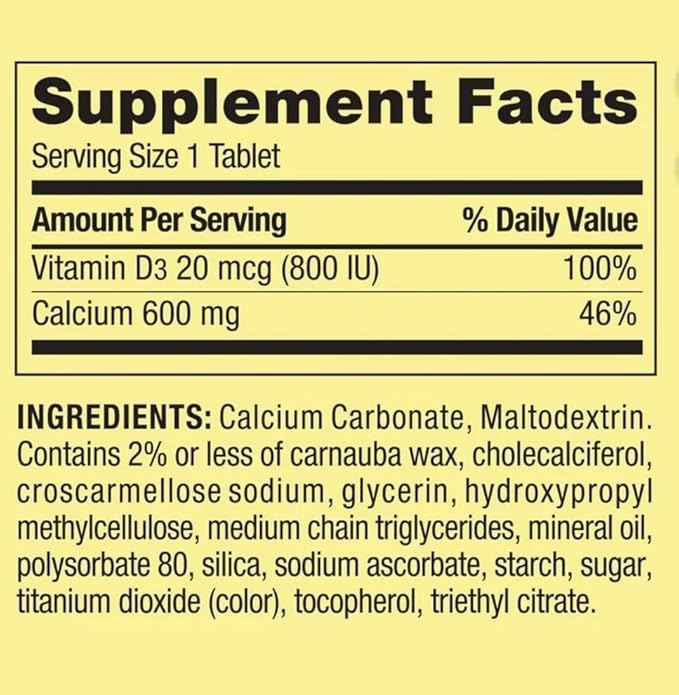 Calcium 600 mg with Vitamin D3 20 mcg Tablets – 250 Count Dietary Supplement – Bone Support Formula for Adults