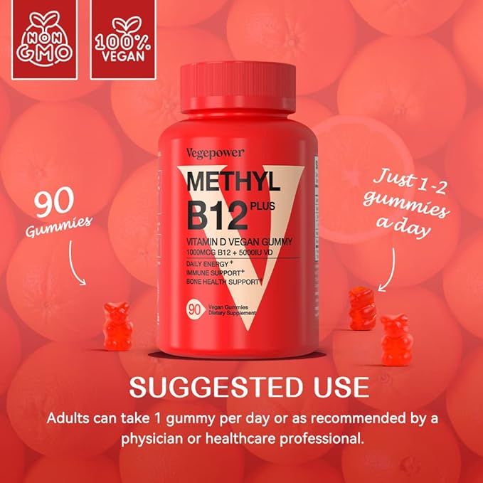Vegan Iron Gummies + vitamin B12 gummy | Iron Supplement Support Blood Builder &amp Daily Energy for Adults &amp Kids | Methyl B12 1000 mcg &amp Vitamin D 5000 IU for Energy and Immune Support - 90