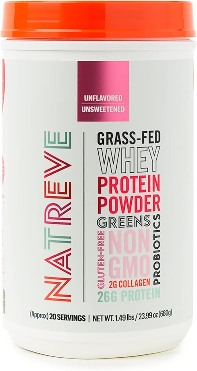 Natreve Whey Protein Powder - 26g Grass-Fed Whey Protein with Amino Acids Probiotics &amp Collagen - Gluten Free &amp Unflavored 20 Servings