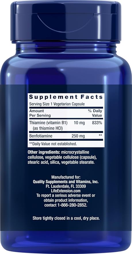 Life Extension Mega Benfotiamine 250 mg 180 Veg caps with Thiamine - Vitamin B1 Supplement