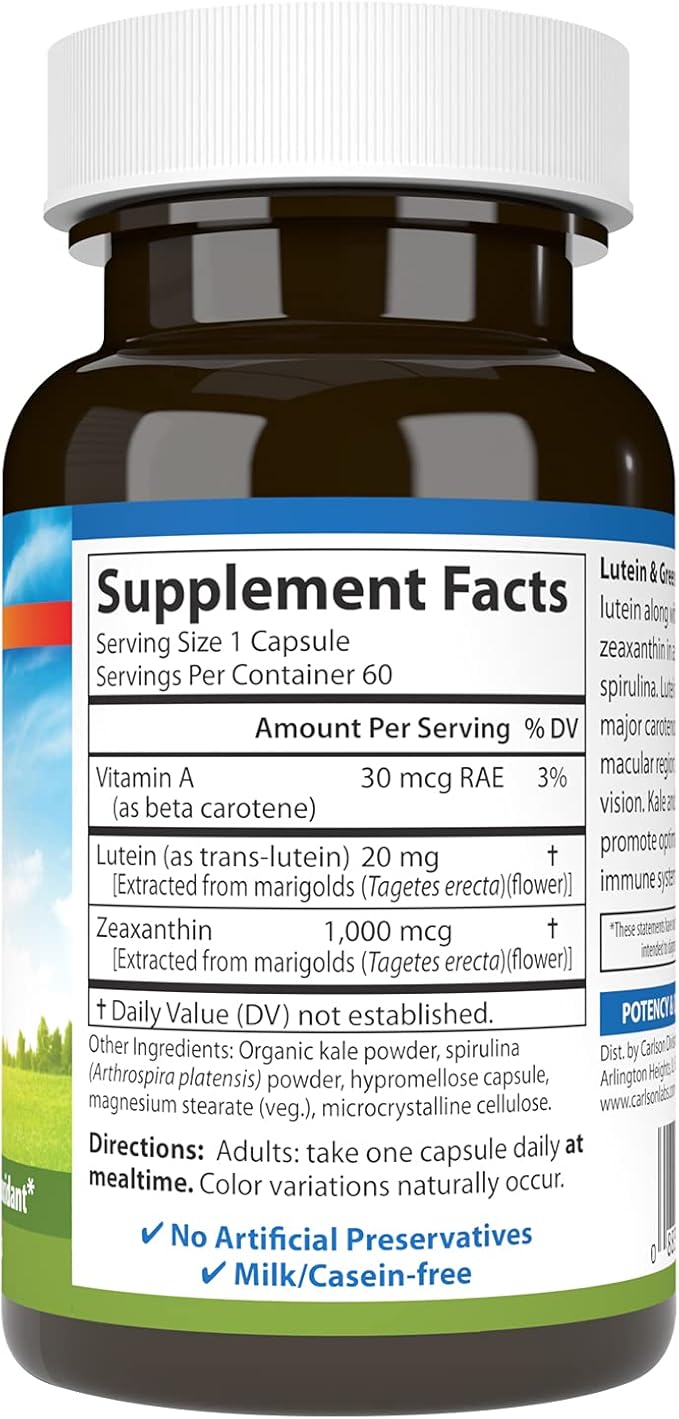 Carlson - Lutein &amp Greens 20 mg Vision Support &amp Eye Function Antioxidant 60 Vegetarian Capsules