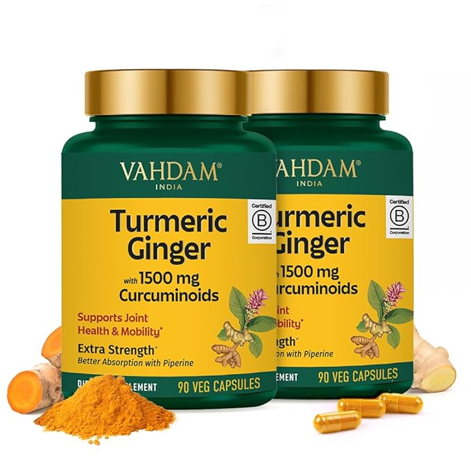 VAHDAM Turmeric Ginger 1900mg - with 1500mg Curcuminoids | Added Ginger &amp Piperine for Fast Absorption | Supports Joint Health and Mobility | 90 Capsules (Pack of 2)