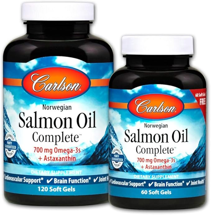 Carlson - Salmon Oil Complete 700 mg Omega-3s + Astaxanthin Norwegian Heart Brain &amp Joint Health 120+60 Softgels