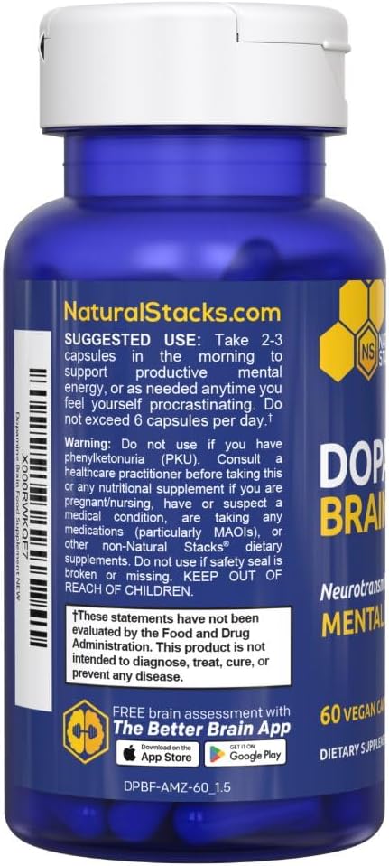 NATURAL STACKS Dopamine Brain Food - 650mg L-Tyrosine Supplement - Dopamine Supplement for Focus &amp Mental Drive - Supports Mental Energy - Neurotransmitter Support with B Vitamins - 60 Capsules