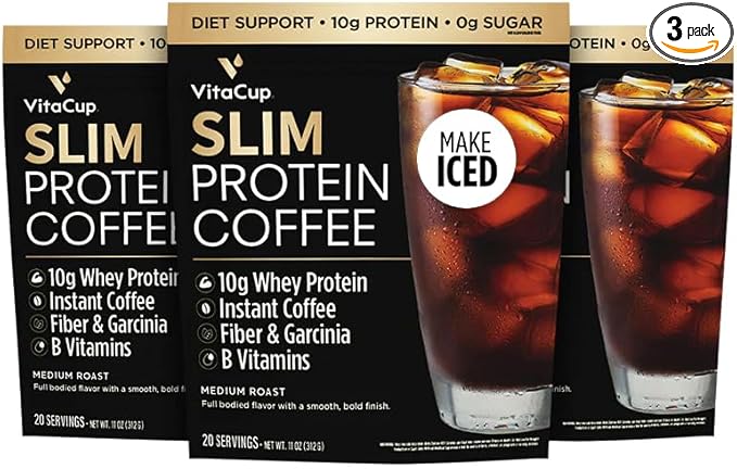 VitaCup Slim Protein Coffee Shake for Diet Support Instant Coffee w/Whey Protein Powder B Vitamins &amp Fiber Dietitian Developed for Performance &amp Taste Make as Iced or Shake 3 Bags