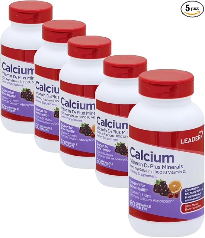 Leader Calcium Vitamin D3 Plus Minerals Bone Health Supplement with Magnesium &amp Zinc Supports Strong Bones &amp Teeth Enhanced Absorption Cherry Orange &amp Fruit Punch Flavor 60 Chewable