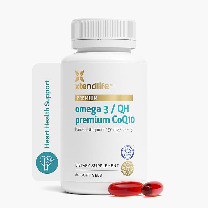 Xtendlife Omega 3 QH Fish Oil + CoQ10 for Heart Brain Joint &amp Skin-1100mg Omega - 3 with DHA EPA Ubiquinol Astaxanthin &amp Lycopene - 1 Month Supply (60 Count)