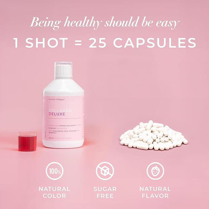 Swedish Collagen Deluxe | 12500 mg Hydrolyzed Marine Collagen Liquid Supplement - 500 ml 20 Day Supply | Hyaluronic Acid Biotin and Vitamin C for Healthy Hair Skin Nails and Joints | Sugar-Free