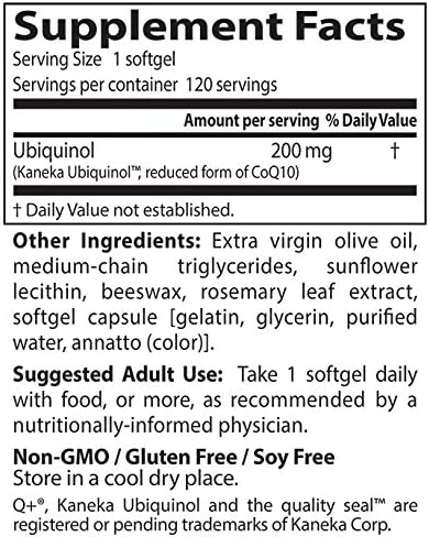 Doctor's Best Kaneka Ubiquinol 200 mg Supplement for Men &amp Women - Reduced Form CoQ10 Coenzyme Q10 200mg for Antioxidants &amp Heart Health Support Non GMO Gluten Free Soy Free - 120 Softgels