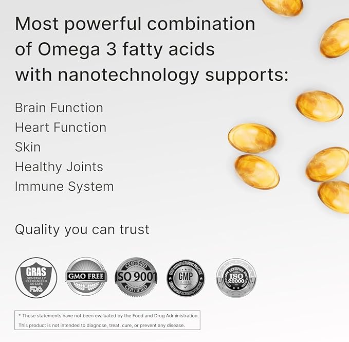Nano Omega 3 Supplement for Women and Men – Fish Oil Softgels with Nanotechnology – High Potency EPA DHA Capsules – No Aftertaste – Easy to Swallow – 60 Count Bottle
