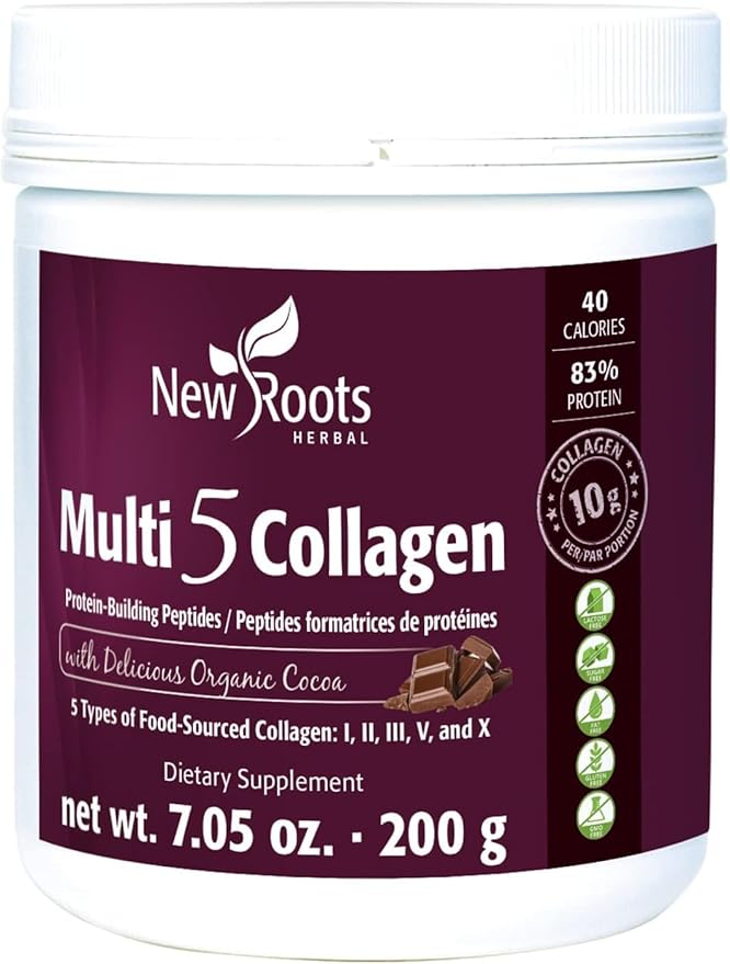 NEW ROOTS HERBAL Multi 5 Coco Collagen Powder Supplement (Types I II III V and X) Hydrolyzed Collagen - Dairy &amp Gluten Free - 12g per Serving - Chocolate Flavor 7.05 oz