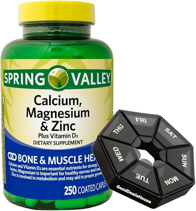 Bundle: Spring - Valley Calcium Magnesium &amp Zinc Plus Vitamin D3 Coated Caplets 250 Count + GoodDealsHouse Weekly Pillbox