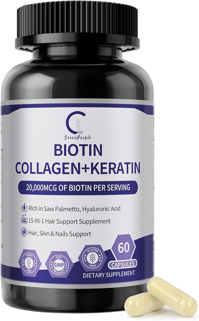 GPGP GreenPeople Biotin | Collagen | Keratin - Hair Growth biotin 20000MCG-Hair Skin &amp Nails with Multivitamins &amp Minerals for Men &amp Women - 60 Capsules